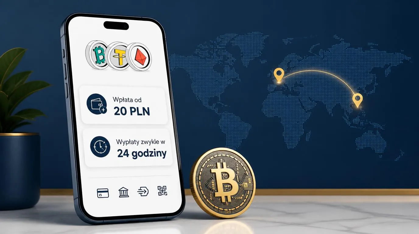 Telefon z ekranem wpłaty od 20 PLN, informacją o wypłacie do 24 godzin i symbolem płatności kryptowalutą