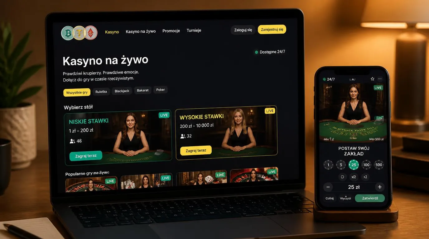 Ekran telefonu i laptopa z lobby kasyna na żywo, podglądem stołu oraz widocznymi limitami stawek