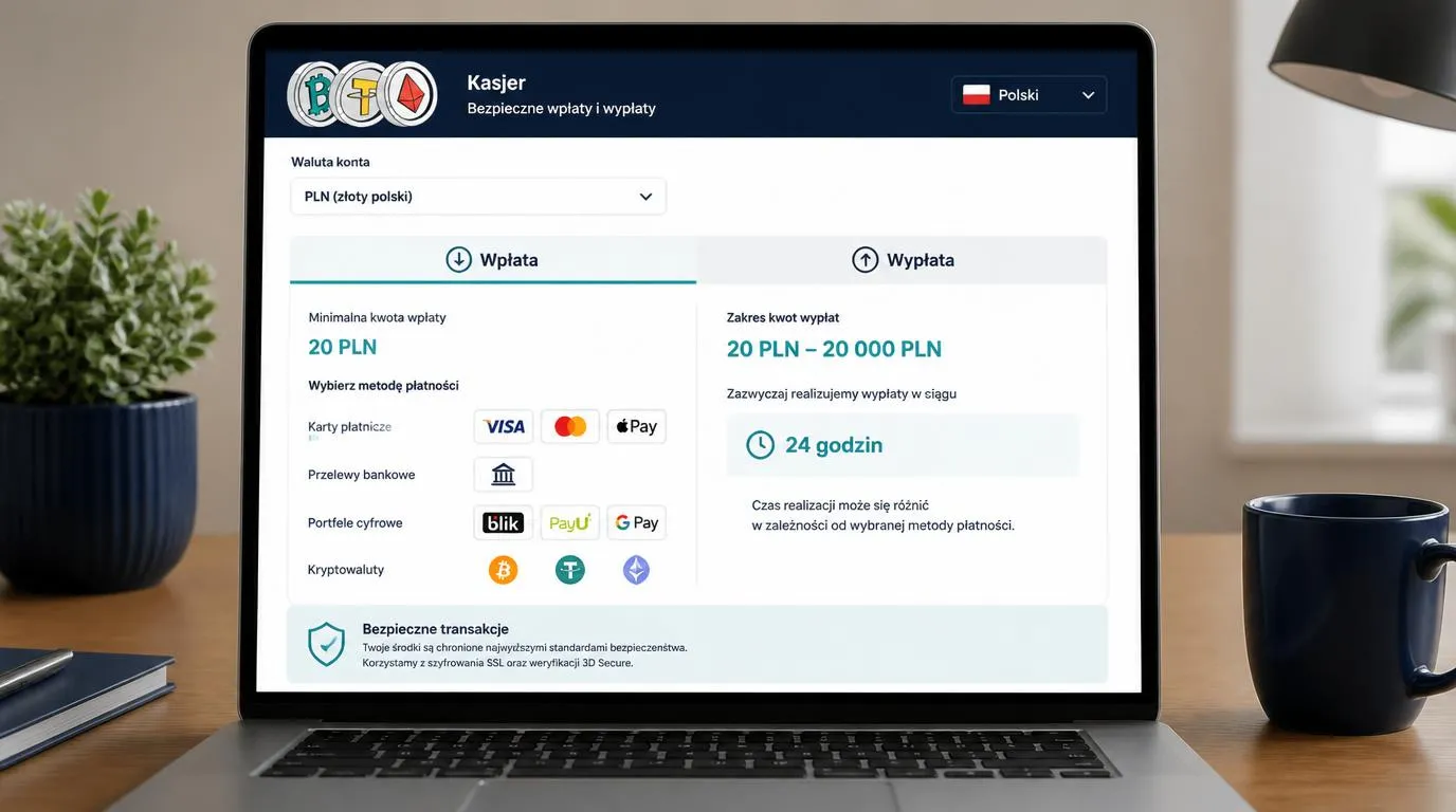 Panel kasy z wyborem PLN, metod płatności i podglądem limitów wypłaty