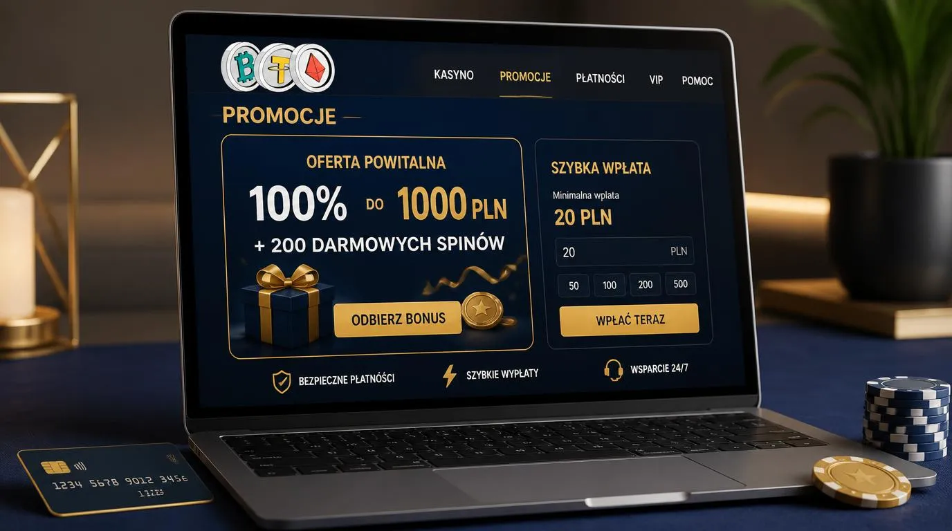 Ekran promocji kasyna z bonusem 100% do 1000 PLN, 200 darmowymi spinami i minimalną wpłatą 20 PLN